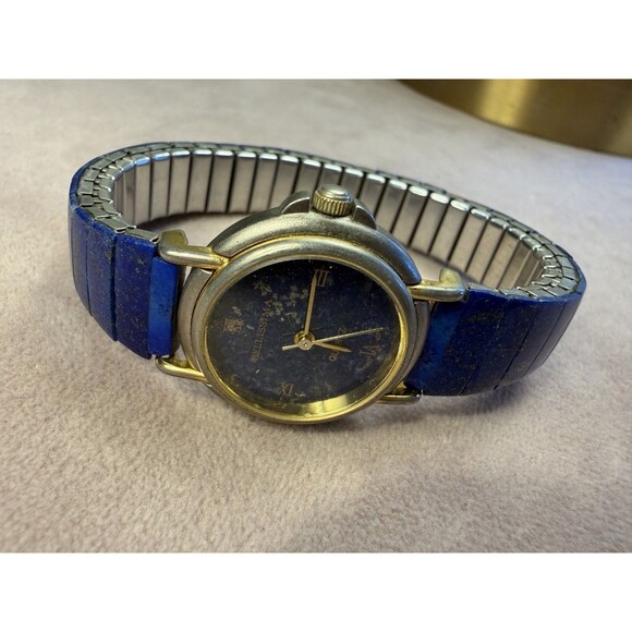 Vtg Bellissima quartz watch featuring a natural lapis lazuli stone dial & band